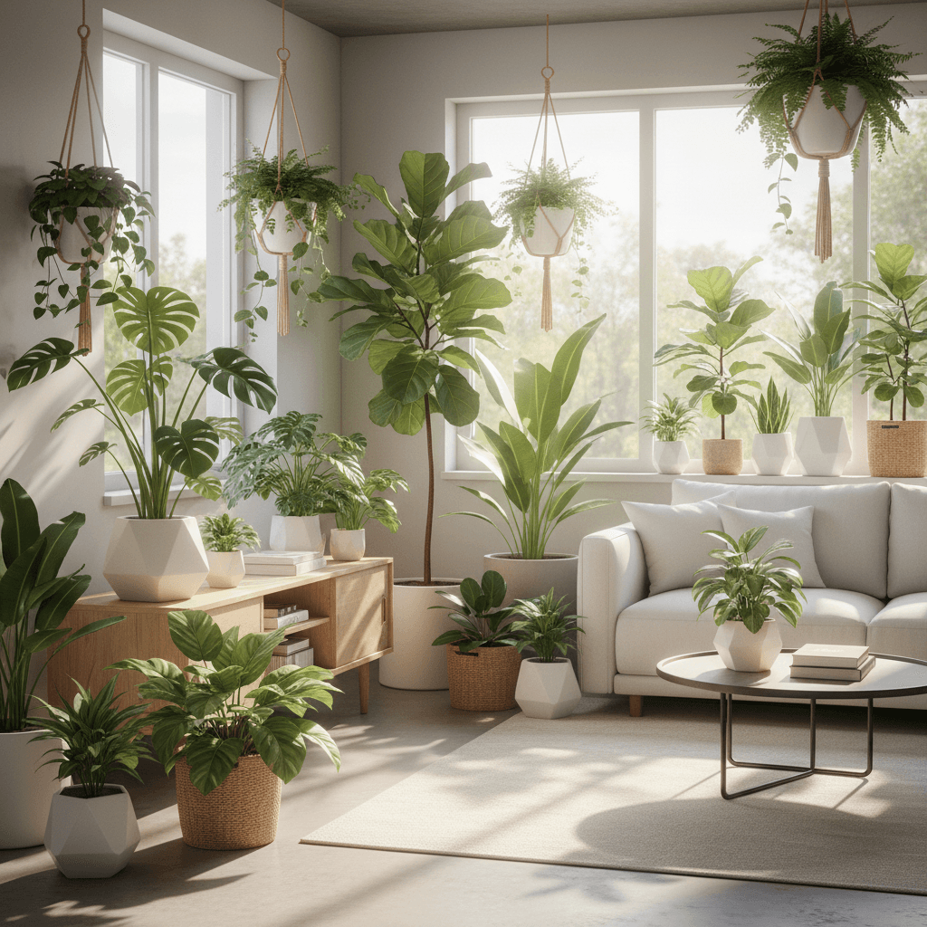 Plantas verdes exuberantes y saludables en interior luminoso