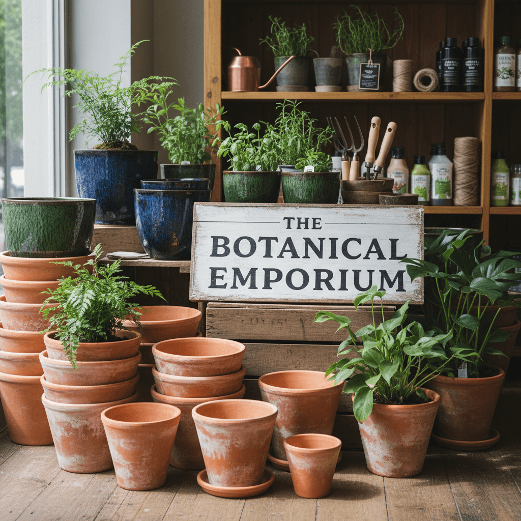 Accesorios y macetas para plantas en tienda de botánica